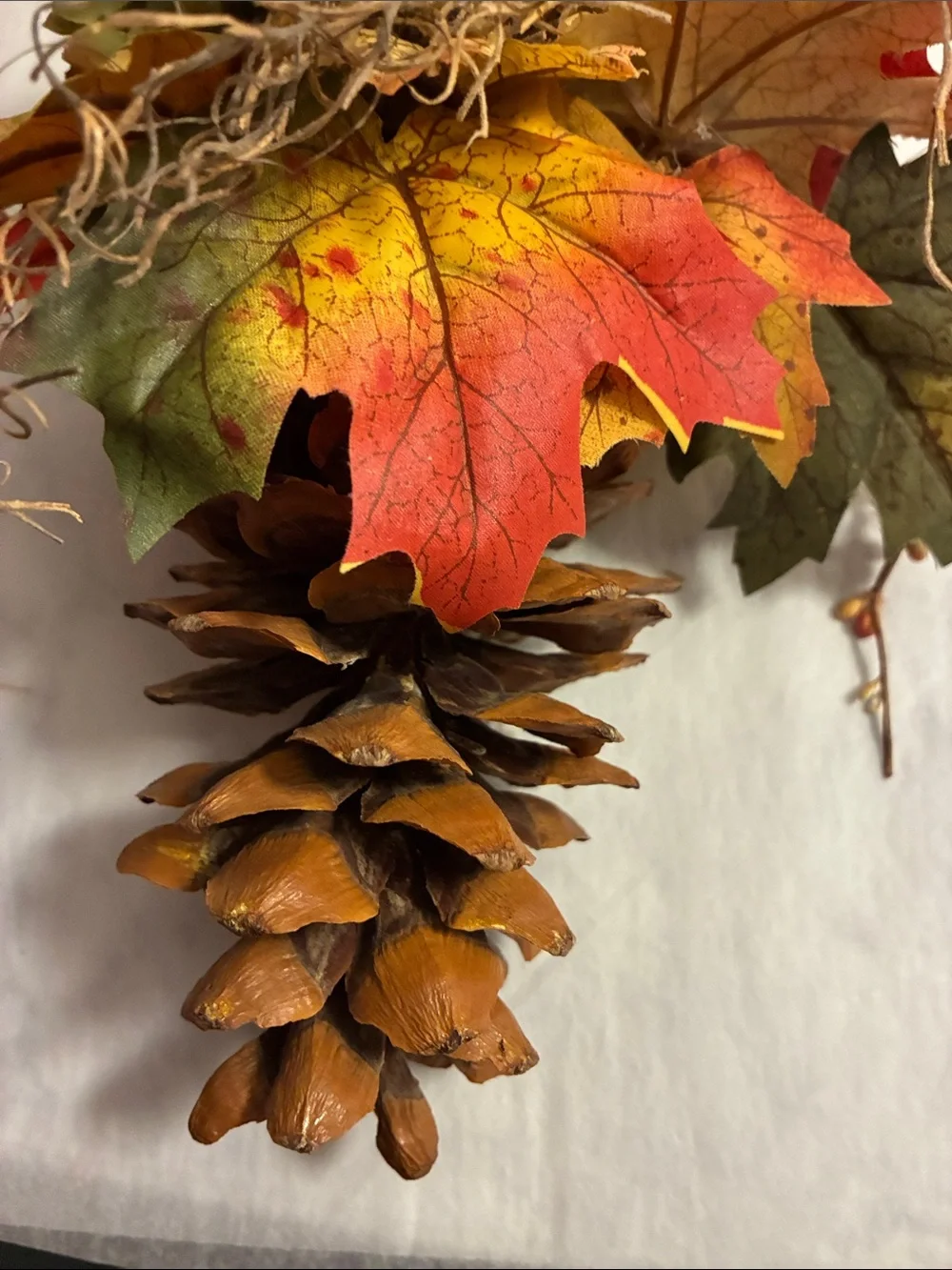 Autumn Pinecone Door Hanger with Fall Leaves and Scarecrow Accent